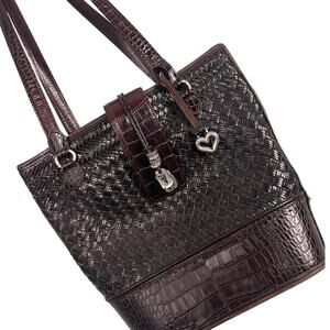 VTG Brighton Becka Brown Leather Woven Croc‎ Tote Shoulder Bag Purse Y2K Preppy